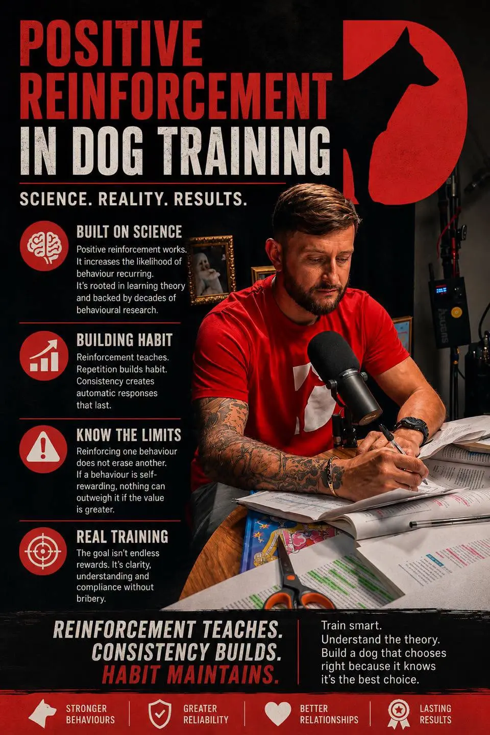 Unleashed K9 graphic: positive reinforcement in dog training. Science, reality, results. Built on science, building habit, know the limits, real training.