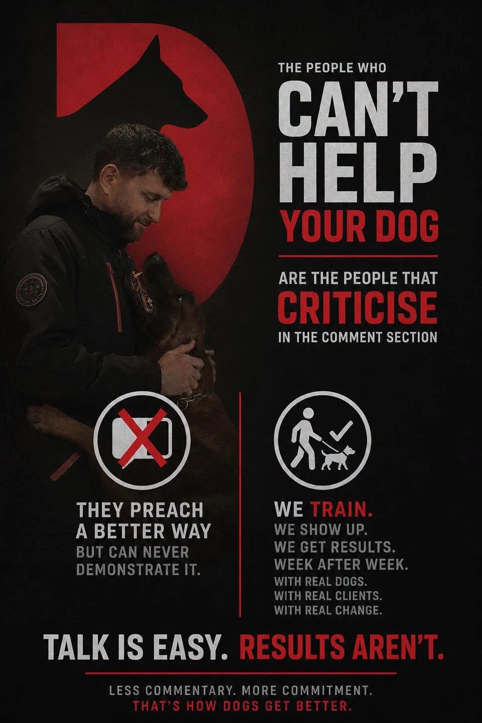 Unleashed K9 graphic: the people who can't help your dog are the people that criticise in the comment section. Talk is easy, results aren't.